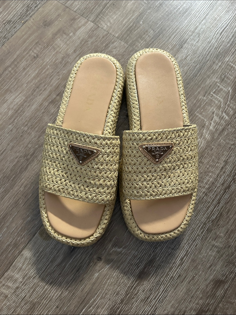 Prada Raffia Slide Mules in Natural Tan with Gold Logo